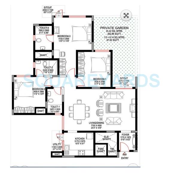 Floor plan of 3 BHK 1684 Sq. Ft. Apartment in Sobha Sunbeam 1, Bangalore