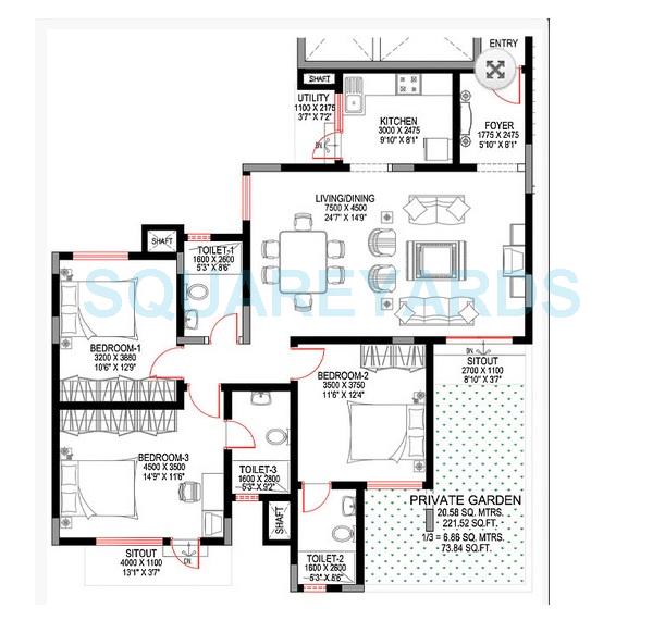 Floor plan of 3 BHK 1711 Sq. Ft. Apartment in Sobha Sunbeam 1, Bangalore
