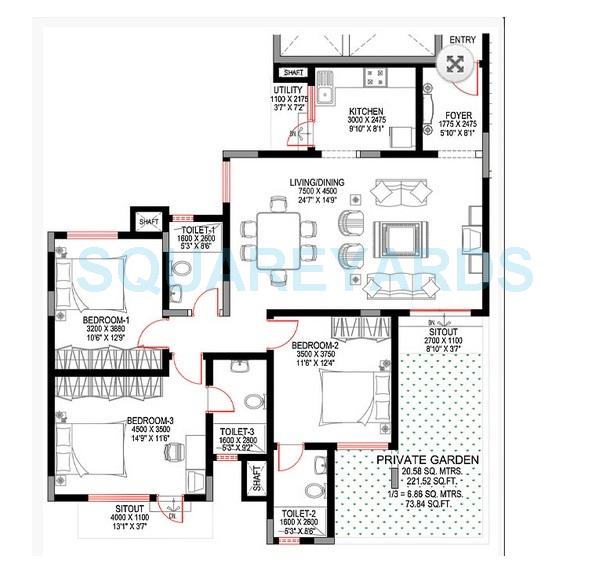Floor plan of 3 BHK 1731 Sq. Ft. Apartment in Sobha Sunbeam 1, Bangalore