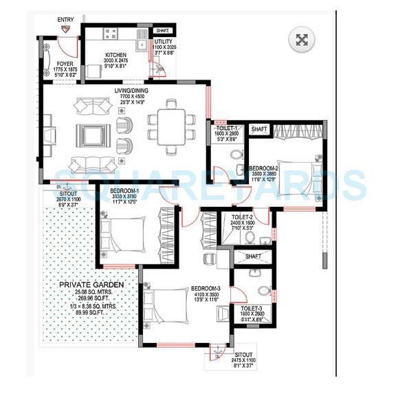 Floor plan of 3 BHK 1776 Sq. Ft. Apartment in Sobha Sunbeam 1, Bangalore