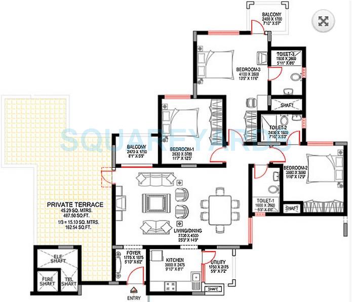 Floor plan of 3 BHK 1905 Sq. Ft. Apartment in Sobha Sunbeam 1, Bangalore