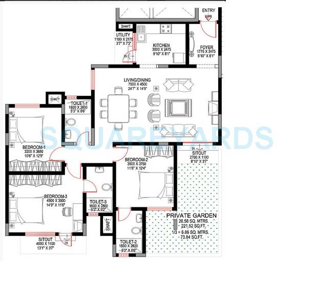Floor plan of 3 BHK 1644 Sq. Ft. Apartment in Sobha Sunbeam 2, Bangalore