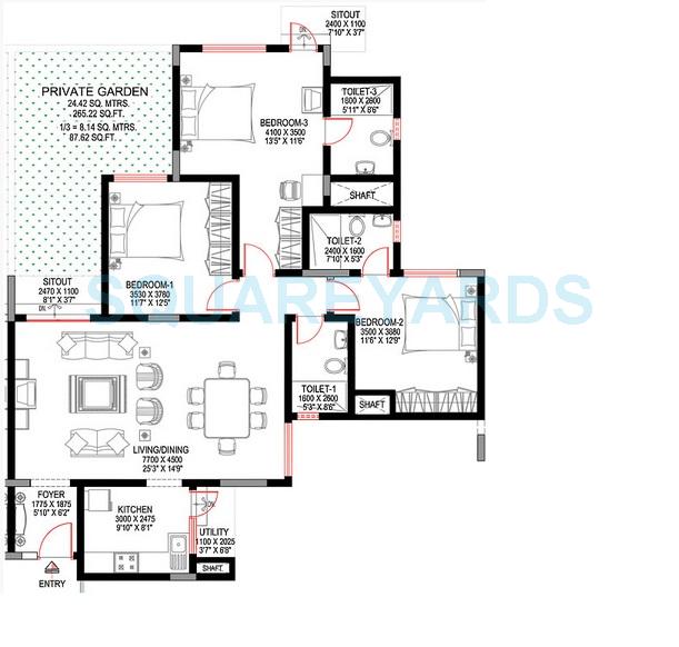 Floor plan of 3 BHK 1679 Sq. Ft. Apartment in Sobha Sunbeam 2, Bangalore