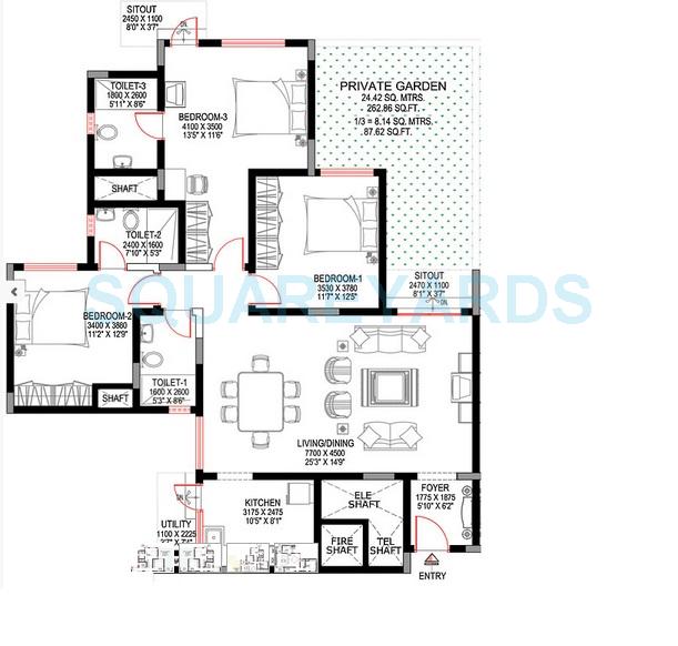 Floor plan of 3 BHK 1688 Sq. Ft. Apartment in Sobha Sunbeam 2, Bangalore