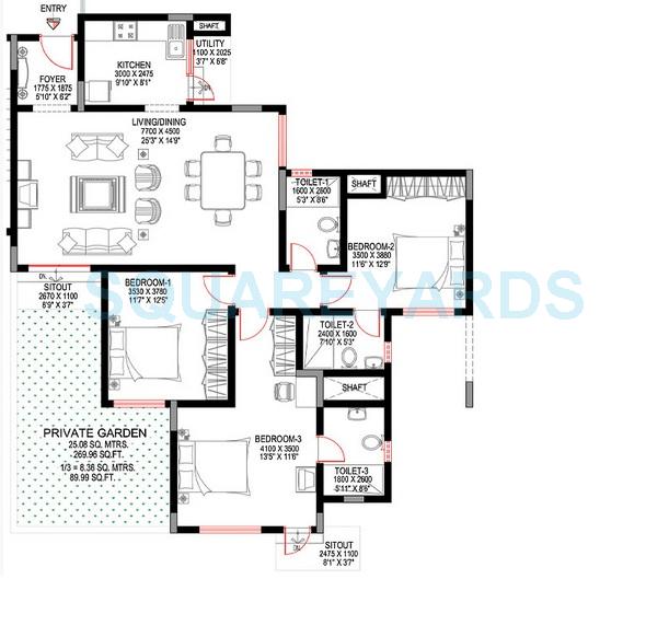 Floor plan of 3 BHK 1690 Sq. Ft. Apartment in Sobha Sunbeam 2, Bangalore