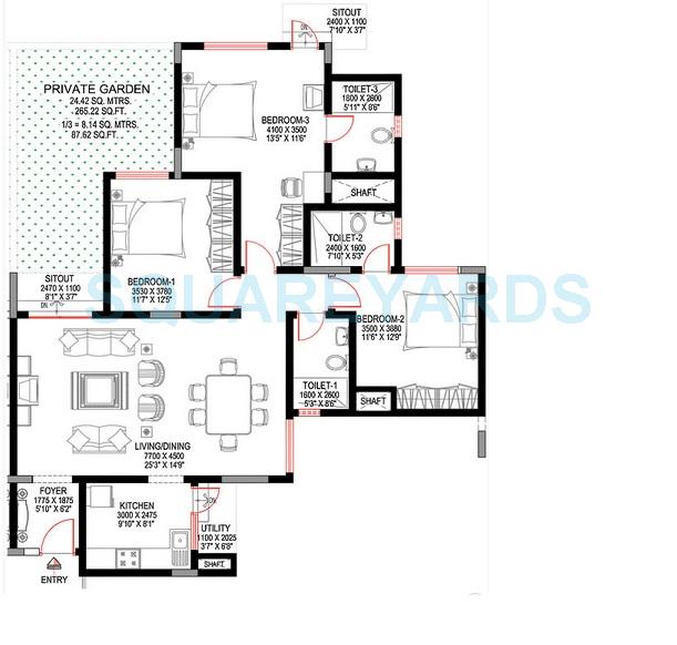 Floor plan of 3 BHK 1767 Sq. Ft. Apartment in Sobha Sunbeam 2, Bangalore