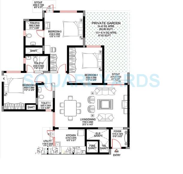 Floor plan of 3 BHK 1776 Sq. Ft. Apartment in Sobha Sunbeam 2, Bangalore