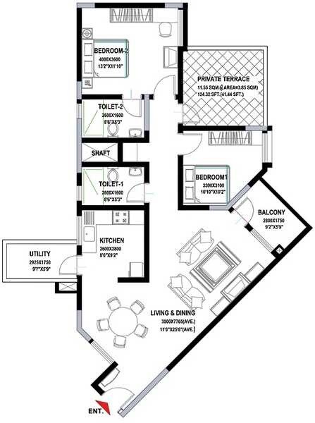 Floor plan of 2 BHK 1590 Sq. Ft. Apartment in Sobha Suncrest, Bangalore