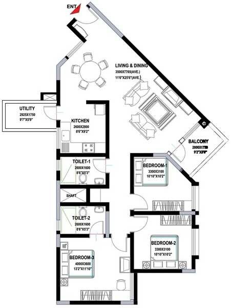 Floor plan of 3 BHK 2225 Sq. Ft. Apartment in Sobha Suncrest, Bangalore