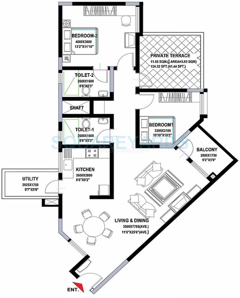 Floor plan of 2 BHK 1276 Sq. Ft. Apartment in Sobha Sunscape, Bangalore
