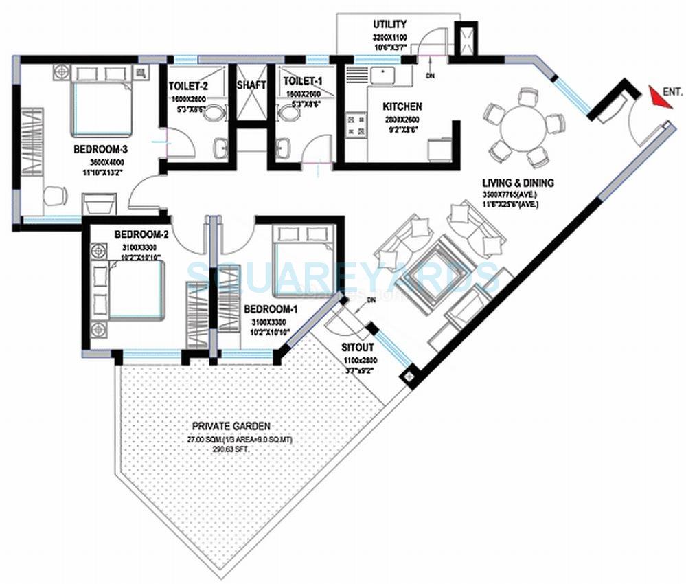 Floor plan of 3 BHK 1471 Sq. Ft. Apartment in Sobha Sunscape, Bangalore