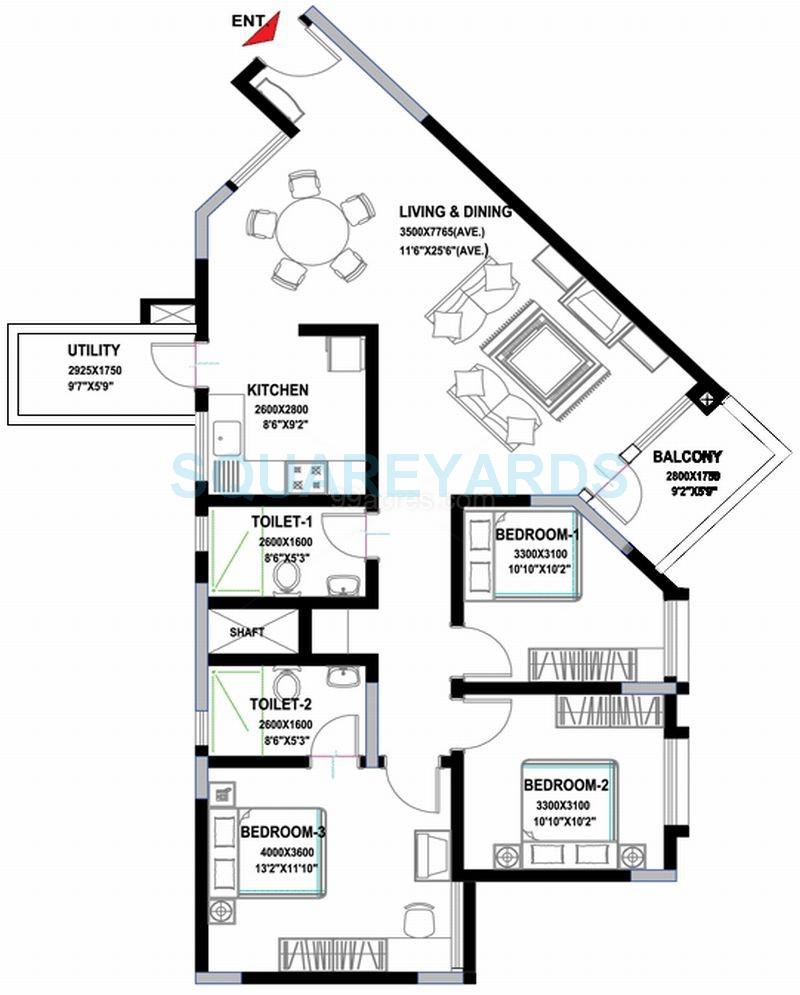 Floor plan of 3 BHK 1419 Sq. Ft. Apartment in Sobha Sunscape, Bangalore