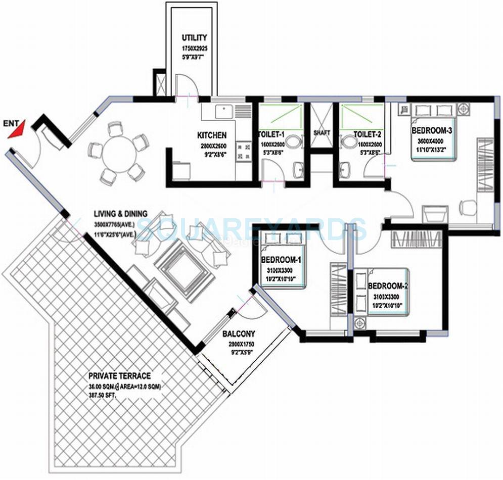 Floor plan of 3 BHK 1562 Sq. Ft. Apartment in Sobha Sunscape, Bangalore