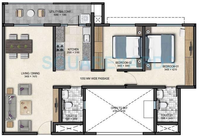Floor plan of 2 BHK 1205 Sq. Ft. Apartment in Sobha Tropical Greens Phase 18 Wing 39 And 40, Bangalore