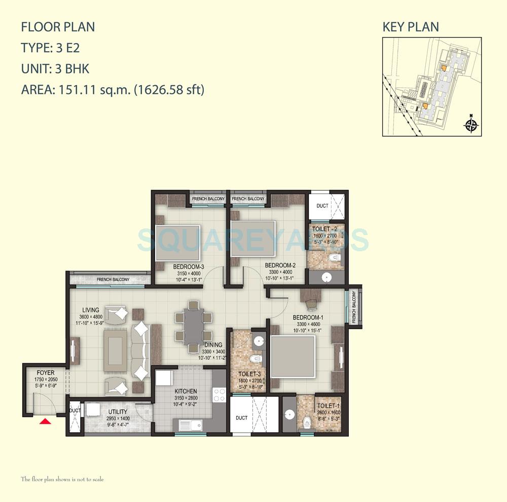 Floor plan of 3 BHK 1626 Sq. Ft. Apartment in Sobha Heritage, Bangalore