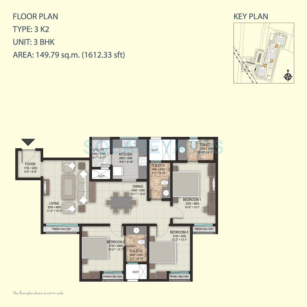 Floor plan of 3 BHK 1738 Sq. Ft. Apartment in Sobha Heritage, Bangalore