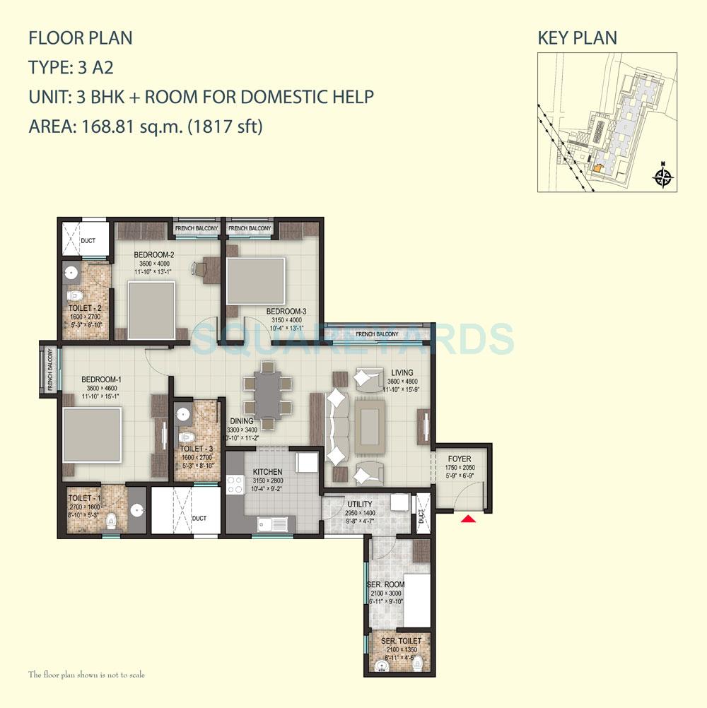 Floor plan of 3 BHK 1817 Sq. Ft. Apartment in Sobha Heritage, Bangalore