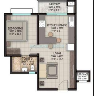 Floor plan of 1 BHK 677 Sq. Ft. Apartment in Sobha Windfall, Bangalore