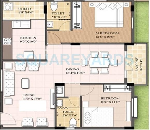 Floor plan of 2 BHK 899 Sq. Ft. Apartment in Sobha Windfall, Bangalore