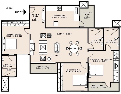 Floor plan of 3 BHK 1513 Sq. Ft. Apartment in Sobha Zircon, Bangalore
