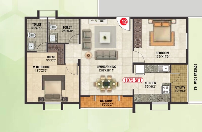 Floor plan of 2 BHK 1075 Sq. Ft. Apartment in Sohan Fortune, Bangalore