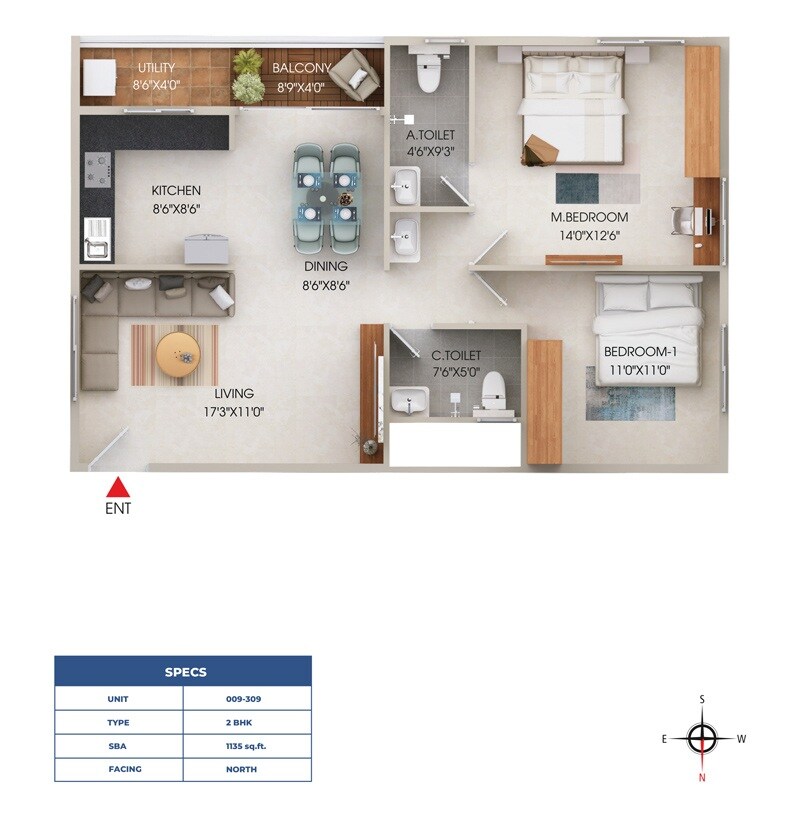 Floor plan of 2 BHK 1135 Sq. Ft. Apartment in Son Aavya Homes, Bangalore