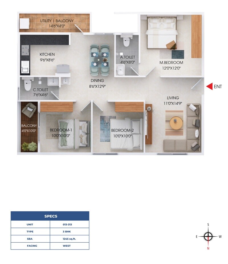 Floor plan of 3 BHK 1245 Sq. Ft. Apartment in Son Aavya Homes, Bangalore
