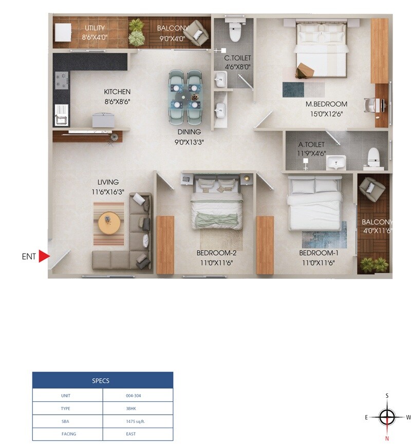 Floor plan of 3 BHK 1475 Sq. Ft. Apartment in Son Aavya Homes, Bangalore