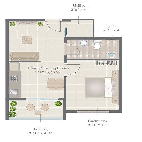 Floor plan of 1 BHK 472 Sq. Ft. Apartment in Sona Vistaas, Bangalore