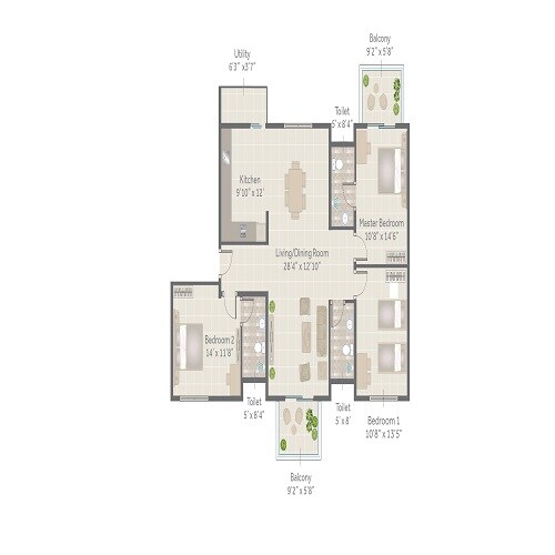 Floor plan of 3 BHK 1393 Sq. Ft. Apartment in Sona Vistaas, Bangalore