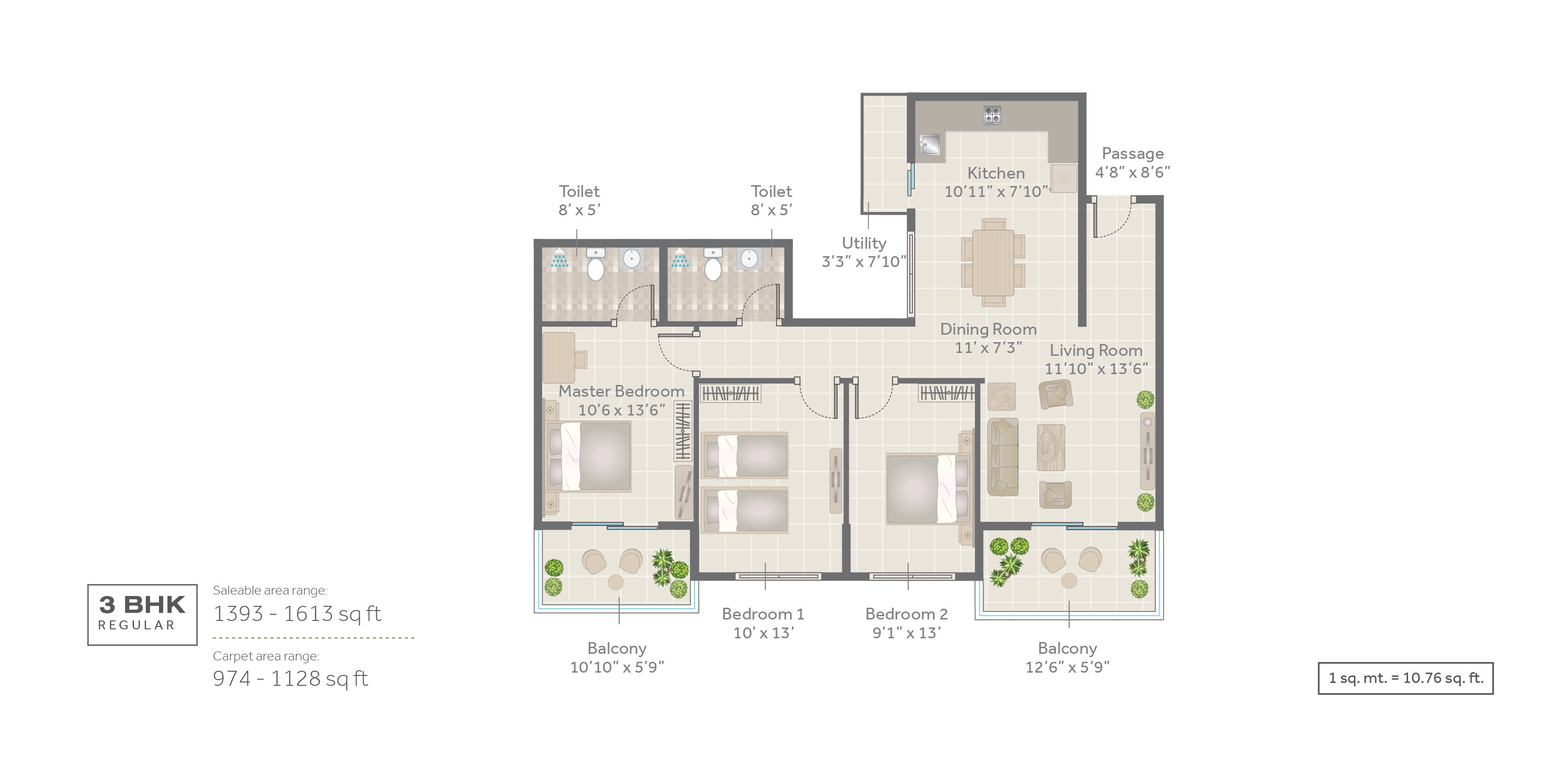 Floor plan of 3 BHK 1941 Sq. Ft. Apartment in Sona Vistaas, Bangalore
