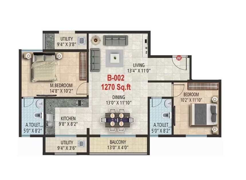 Floor plan of 2 BHK 1270 Sq. Ft. Apartment in Sonin Park South, Bangalore