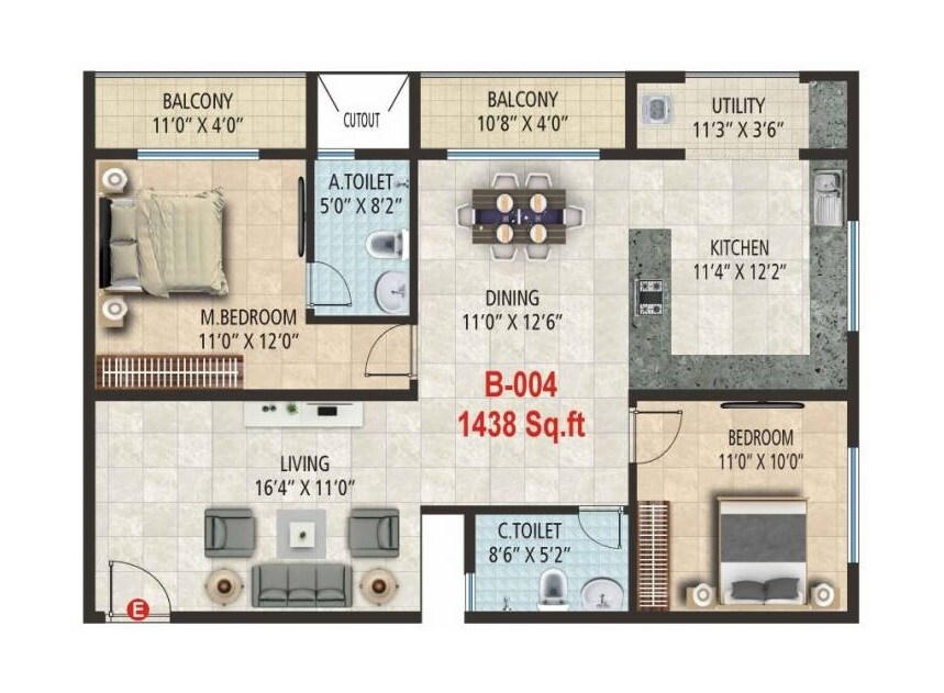 Floor plan of 2 BHK 1438 Sq. Ft. Apartment in Sonin Park South, Bangalore