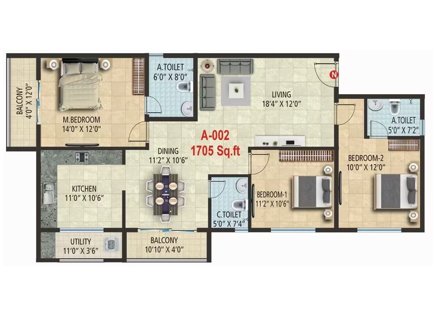 Floor plan of 3 BHK 1705 Sq. Ft. Apartment in Sonin Park South, Bangalore