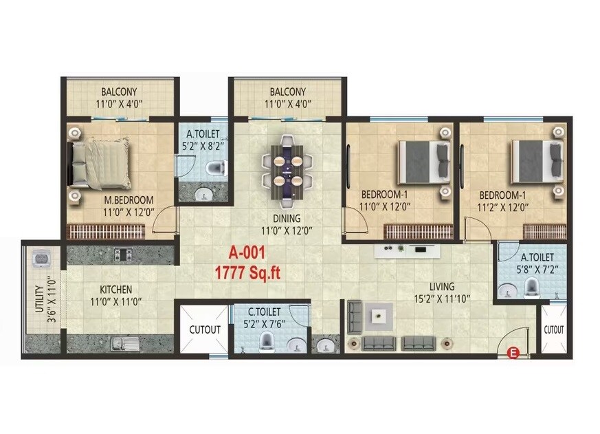Floor plan of 3 BHK 1777 Sq. Ft. Apartment in Sonin Park South, Bangalore