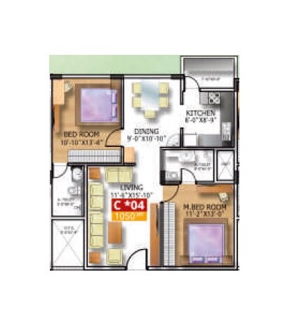 Floor plan of 2 BHK 1050 Sq. Ft. Apartment in Soundarya Kamakshi, Bangalore