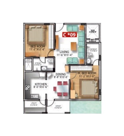 Floor plan of 2 BHK 1165 Sq. Ft. Apartment in Soundarya Kamakshi, Bangalore