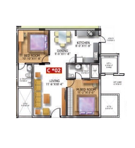 Floor plan of 2 BHK 1285 Sq. Ft. Apartment in Soundarya Kamakshi, Bangalore