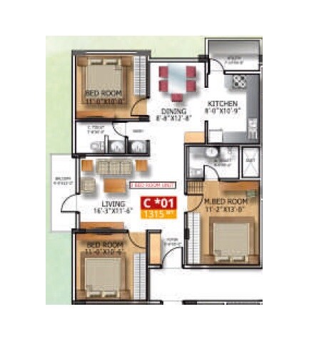 Floor plan of 3 BHK 1315 Sq. Ft. Apartment in Soundarya Kamakshi, Bangalore