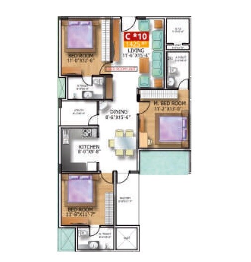Floor plan of 3 BHK 1425 Sq. Ft. Apartment in Soundarya Kamakshi, Bangalore