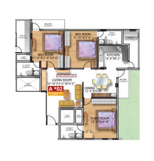 Floor plan of 3 BHK 1590 Sq. Ft. Apartment in Soundarya Kamakshi, Bangalore