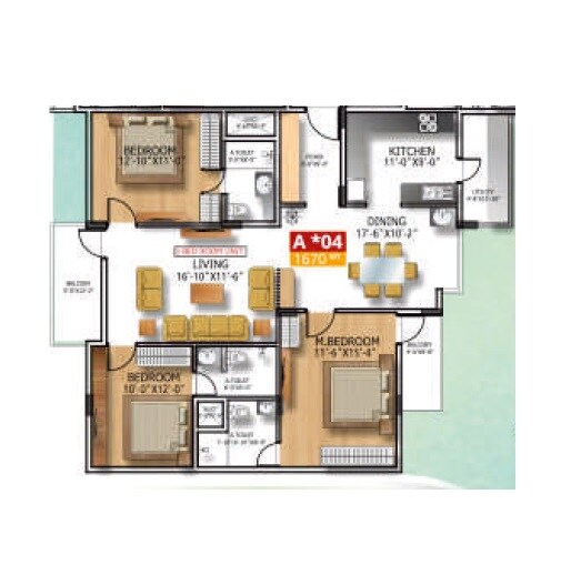 Floor plan of 3 BHK 1670 Sq. Ft. Apartment in Soundarya Kamakshi, Bangalore