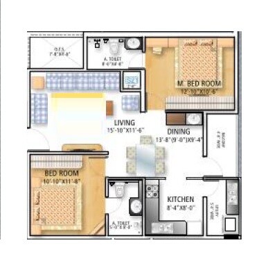 Floor plan of 2 BHK 1030 Sq. Ft. Apartment in Soundarya Paradise, Bangalore