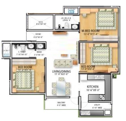 Floor plan of 3 BHK 1285 Sq. Ft. Apartment in Soundarya Paradise, Bangalore