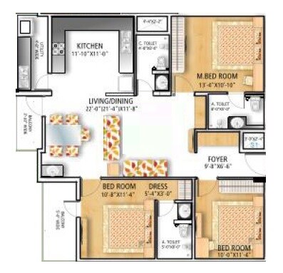 Floor plan of 3 BHK 1470 Sq. Ft. Apartment in Soundarya Paradise, Bangalore