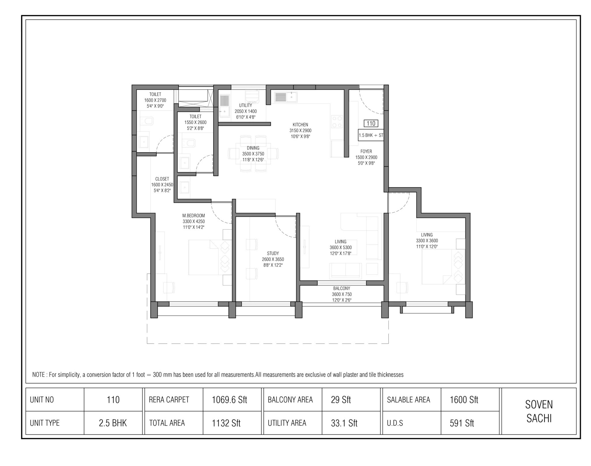 Floor plan of 2 BHK 1600 Sq. Ft. Apartment in Soven Sachi, Bangalore