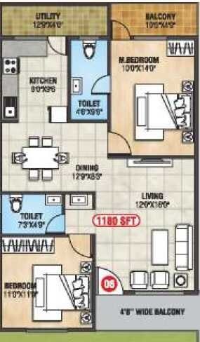 Floor plan of 2 BHK 1180 Sq. Ft. Apartment in Sovereign Sri Nilaya, Bangalore
