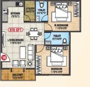 Floor plan of 2 BHK 875 Sq. Ft. Apartment in Sovereign Sri Nilaya, Bangalore