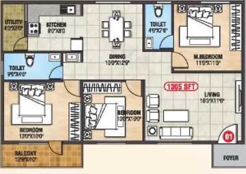 Floor plan of 3 BHK 1305 Sq. Ft. Apartment in Sovereign Sri Nilaya, Bangalore