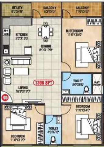 Floor plan of 3 BHK 1395 Sq. Ft. Apartment in Sovereign Sri Nilaya, Bangalore